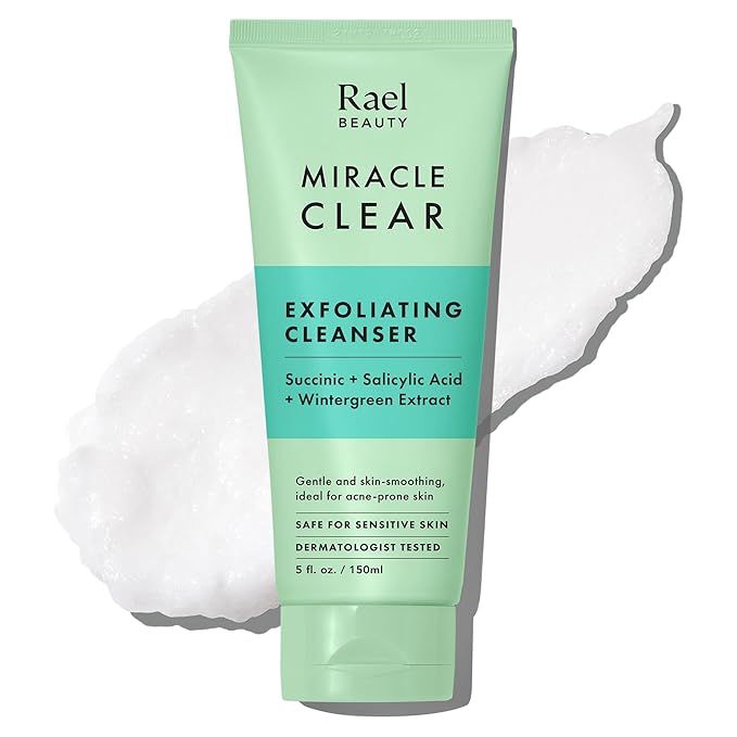 Rael Miracle Clear Face Wash – Gentle Exfoliating Cleanser with Succinic Acid & Minerals, Hydrating Formula for Daily Use, Ideal for Acne-Prone, Dry, Sensitive & Oily Skin, Vegan (5 fl oz)-Velvo Beauty