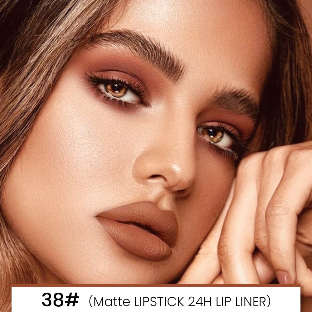 Kaely 2-in-1 Brown Matte Lip Liner & Lipstick Combo Set Kit for Women, Magic Neutral Lipstick 24 Hours Original Lips Liner Pencil Stain Gloss Plumper Makeup Long Lasting Waterproof 38-Velvo Beauty