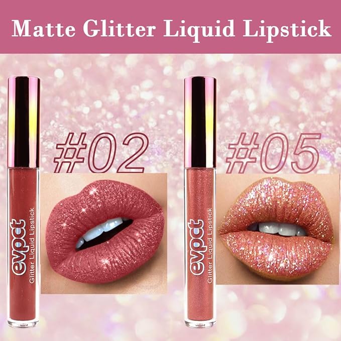 evpct 2Pcs Mauve Red & Bronze Gold Matte to Glitter Liquid Lipstick Long Lasting Lip Set Kit for Women Diamond Shiny Glitter Sparkly Glossy Metallic Shimmer Sparkle Waterproof Lipstick Lip Gloss 02+05-Velvo Beauty