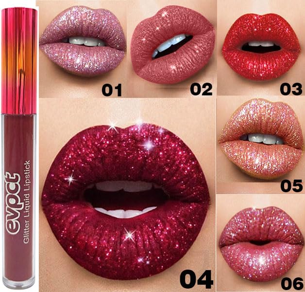 evpct 6Pcs Diamond Lip Gloss Matte to Glitter Liquid Lipstick Waterproof, Metallic Metal Shimmer Liquid Diamond Glitter Sparkle Sparkling Lipstick Lip Gloss Sets for Women Lips Kit, glitter+lipstick-Velvo Beauty