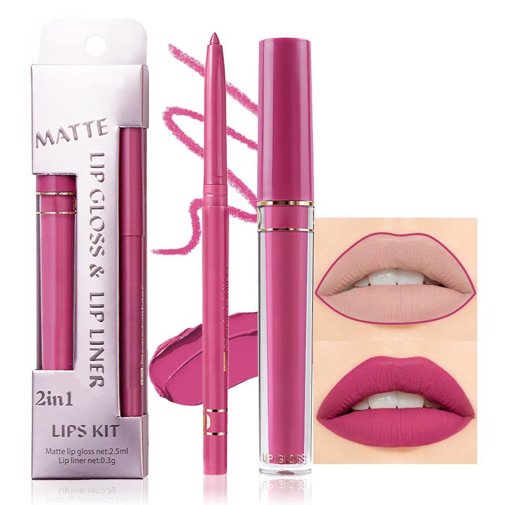 evpct 2Pcs Rose Matte Lip Liner and Lipstick Gloss Stains Makeup Set Kit for Women Long Lasting Waterproof 24, Rose Red Matte Lipstick Kit with Lip Liner, 24 Hour Lipsticks Pencils-Velvo Beauty