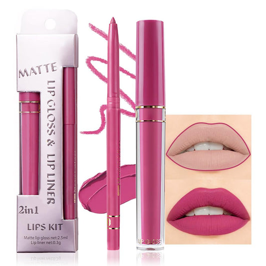 evpct 2Pcs Rose Matte Lip Liner and Lipstick Gloss Stains Makeup Set Kit for Women Long Lasting Waterproof 24, Rose Red Matte Lipstick Kit with Lip Liner, 24 Hour Lipsticks Pencils-Velvo Beauty