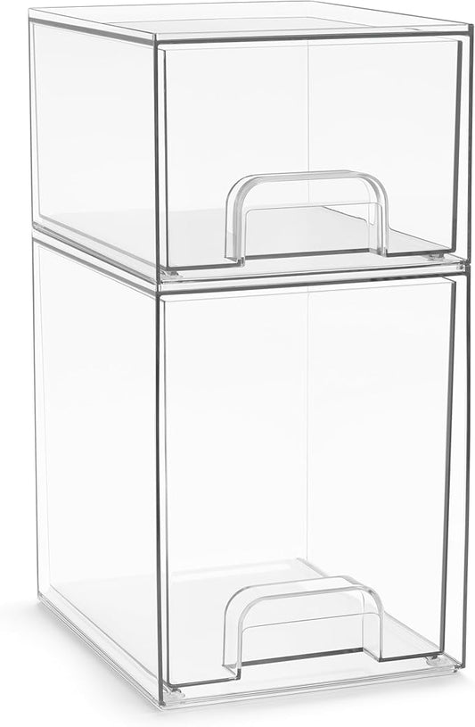 Sorbus Acrylic Storage Containers - 2 Pack, Stackable Storage Bins Set for Bathroom Organization - Clear Acrylic Drawer Organizers - Makeup Case Pull-Out Drawers (7.6’’ and 4.4’’ Tall)-Velvo Beauty