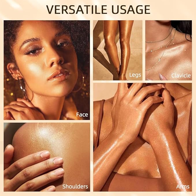 40ml Body Shimmer Oil,Face and Body Liquid Luminizer,Smooth Body Shimmer Oil For Sunshine Bath, Waterproof Moisturizing Light Shimmer Glow Illuminator,Liquid Highlighter Makeup,Makeup Brush Include (4#-Glistening Bronze)-Velvo Beauty