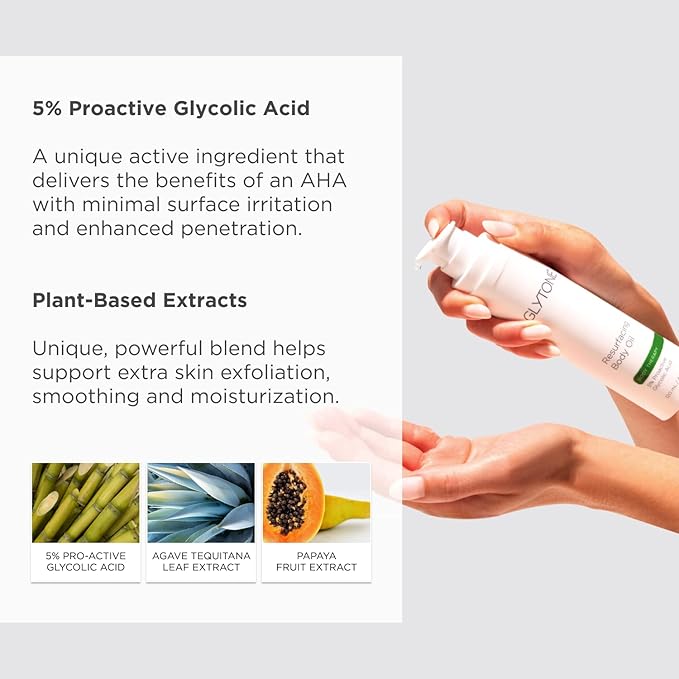 Glytone Resurfacing Body Oil– Nourishing & moisturizing anti aging Body Oil for dry Skin & Keratosis Pilaris –5% Proactive Glycolic Acid After Shower oil for Body–Unscented, Non Toxic 4 Fl oz-Velvo Beauty