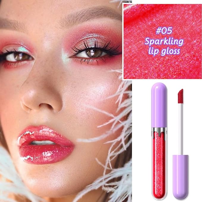 Glitter Liquid Lip Gloss,Pink Shimmer Lipstick, Waterproof Shimmer Lip Stain Lip Glaze, High Shine Long Lasting Shiny Lip Color Makeup 05#-Velvo Beauty