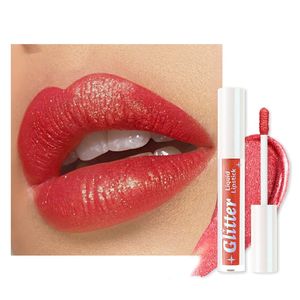 Red Metallic Lipstick for Women,Lightweight Glitter Sparkling Liquid Lipsticks,Shimmer Lip Gloss Stain Long Lasting Waterproof Smudge Proof Non-Drying 24 Hour Full Coverage Lip Makeup,Vegan-Velvo Beauty