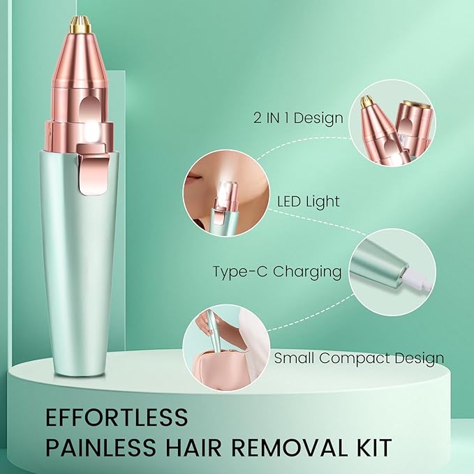 Hatteker Eyebrow Facial Trimmer, 2 in1 Rechargeable Hair Removal and Eyebrow Shaver - Face Lips Body Painless Razor with Built-in LED Light (Green)-Velvo Beauty