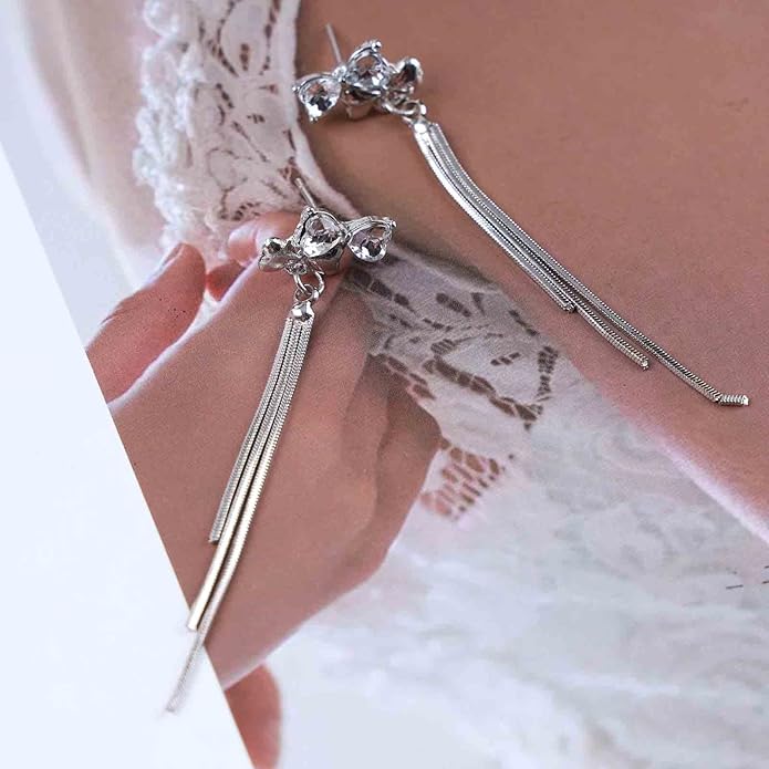 Vintage Crystal Bow Chain Drop Earrings Rhinestone Heart Stud Earrings Silver Long Chain Tassel Earrings Sparkly Cz Bridal Earrings Jewelry for Women-Velvo Beauty