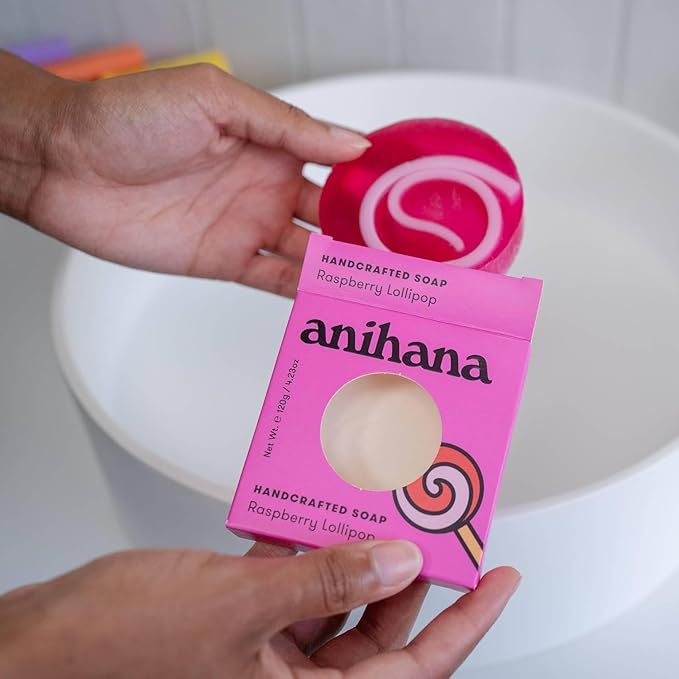 ANIHANA Handcrafted Natural Soap with Coconut Oil, Gentle Cleansing, Paraben Free, Refreshing Raspberry Lollipop Scent, 4.23 oz-Velvo Beauty
