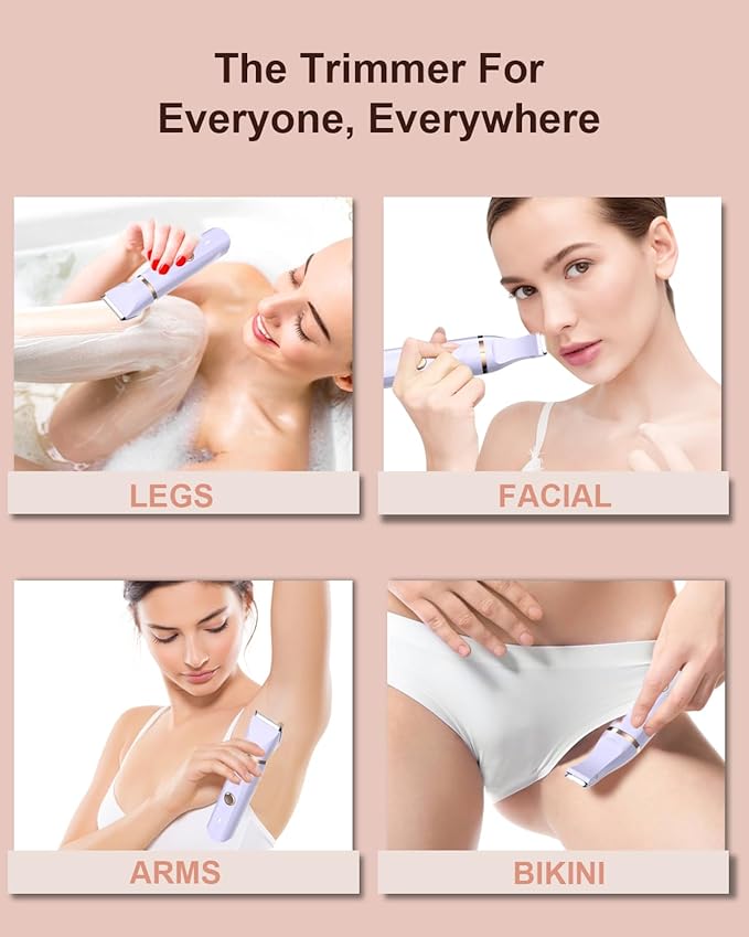 Bikini Trimmer for Women,Painless Electric Razor for Pubic Hair,Rechargeable Body Hair Trimmer,Electric Shaver Removal with Snap-in Ceramic Blades IP7X Washable Head,Wet and Dry Use, Light Purple-Velvo Beauty
