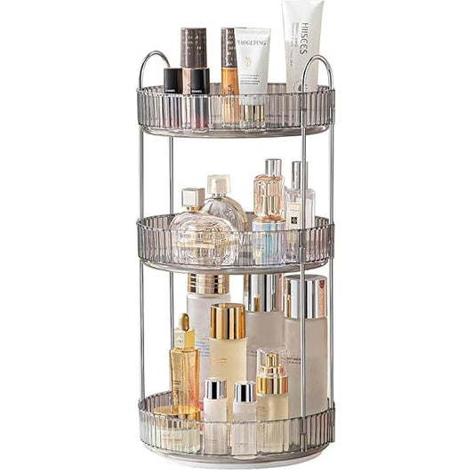 Makeup Organizer for Vanity, 360° Rotating Bathroom Organizer Countertop, High-Capacity Skincare Organizer, Spinning Cosmetics Organizer for Dresser Countertop (3 Tiers, Grey)-Velvo Beauty