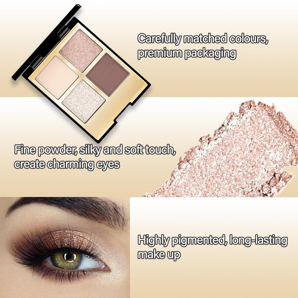 4 Colors Eyeshadow Makeup Palette,Nude Rose Gold Brown Natural Neutral Nude Eye Shadow Palette with Mirror,Long Lasting Naturing-Looking,Waterproof,Travel Size-Velvo Beauty