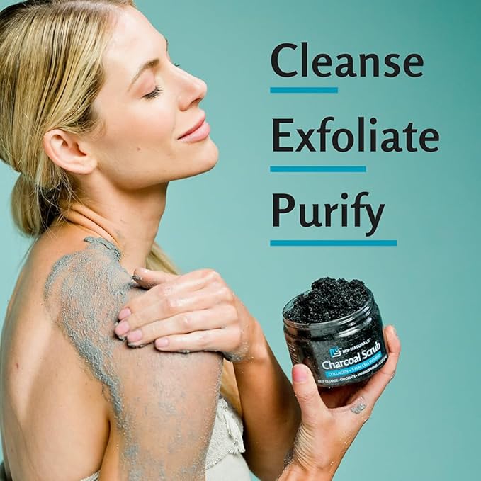 Exfoliating Charcoal Scrub with Collagen & Stem Cells – Salt Scrub for Body Toning, Cellulite, Armpit Detox, and Skin Smoothing for Face, Feet, and Body by M3 Naturals.-Velvo Beauty