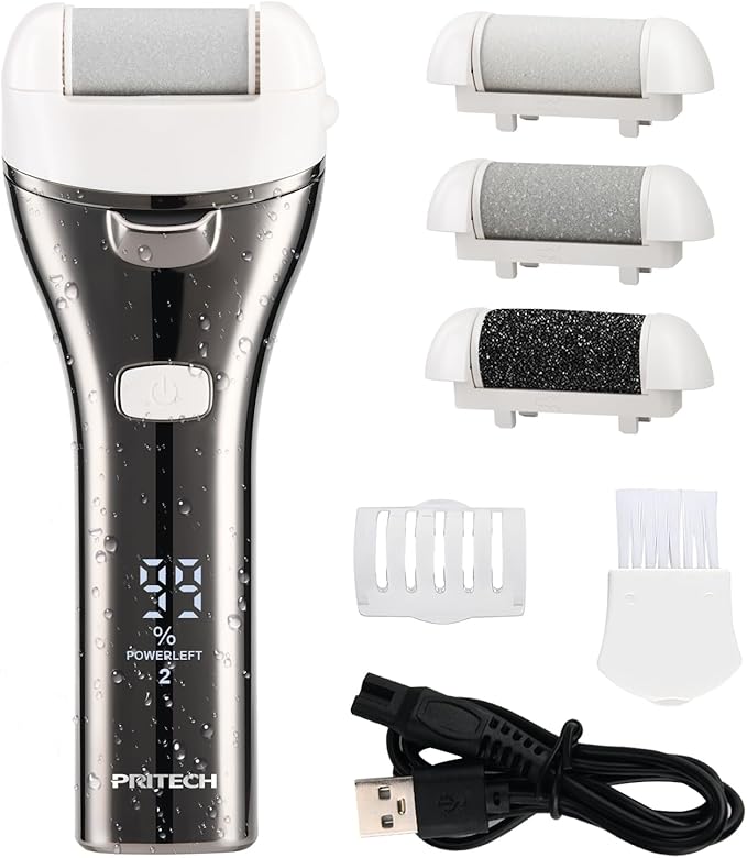 Electric Foot Callus Remover, Rechargeable Portable Electronic Foot File Pedicure Kits, 3 Roller Heads, 3 Speed, Battery Display for Remove Cracked Heels Calluses and Dead Skin-Velvo Beauty