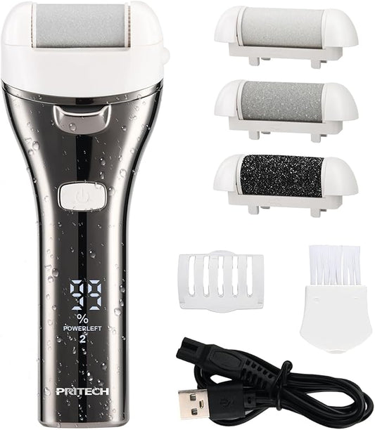 Electric Foot Callus Remover, Rechargeable Portable Electronic Foot File Pedicure Kits, 3 Roller Heads, 3 Speed, Battery Display for Remove Cracked Heels Calluses and Dead Skin-Velvo Beauty