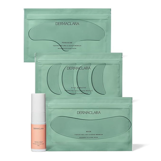 Dermaclara Face Patches Kit - Anti Wrinkle Patches for Forehead, Smile Lines, Silicone Anti-Wrinkle Frown Line Treatment, Up to 30 Uses - 1 Forehead, 2 Mouth, 2 Eye, 1 Neck & 1 Patch Prep Cleanser-Velvo Beauty