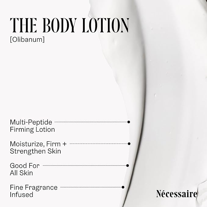 Nécessaire The Body Lotion with Pump. Olibanum. Multi-Peptide Firming to Moisturize + Strengthen. 2.5% Niacinamide, Vitamin C/E + Omega 6/9. Notes of Vanilla, Fig Leaf, & Cassis Buds. 450ml/15.2 fl oz-Velvo Beauty
