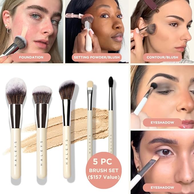 HALEYS Makeup Brush Set 5 pcs: Soft, Streak-free, Perfect Blending, Buff, Blurs and Smooth, Premium Luxury Vegan Bristles, For Liquid, Cream or Powder, Vegan, Cruelty-free, Sustainable Wood-Velvo Beauty