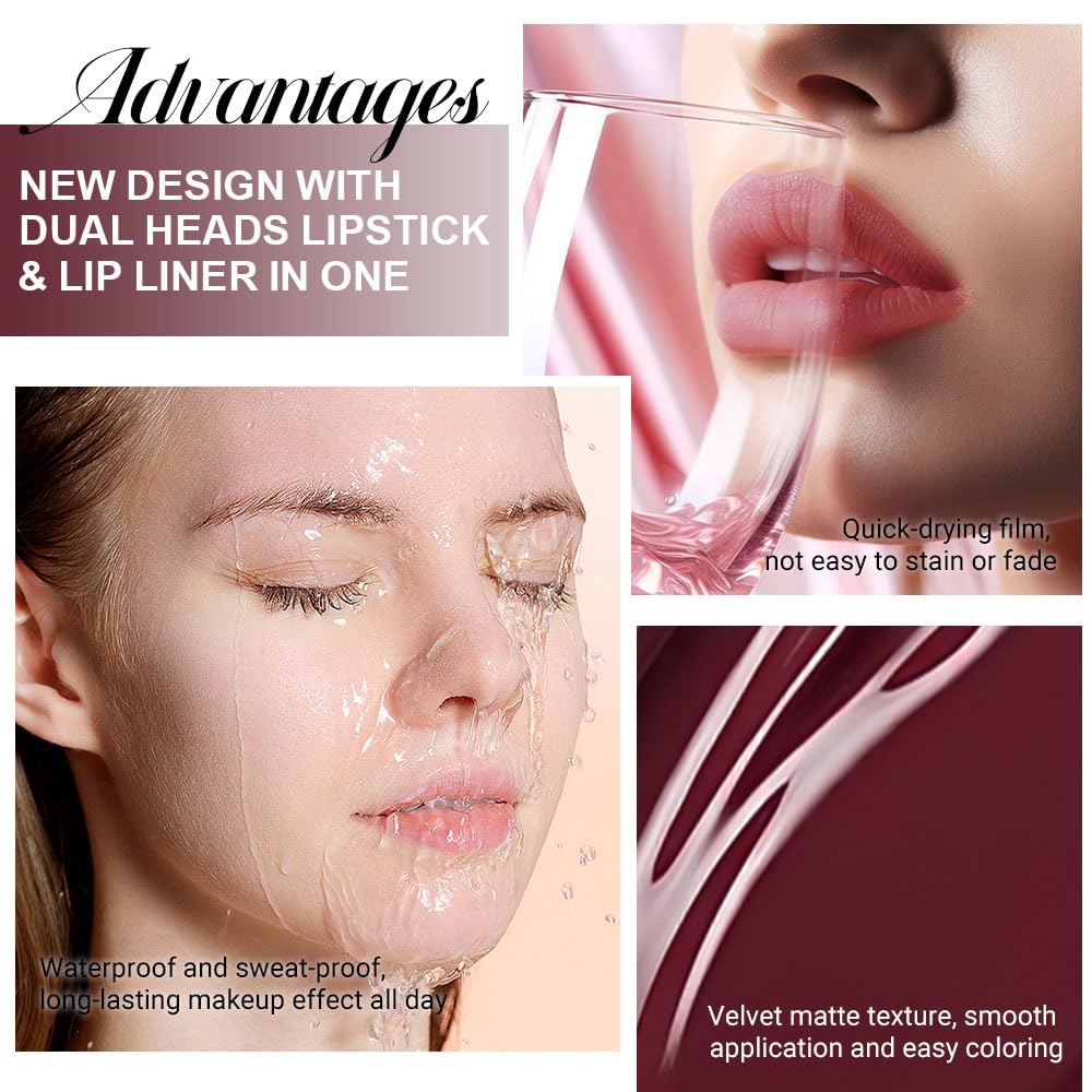 evpct 1Pcs Dark Oxblood Red Matte Lip Liner and Liquid Lipstick Stain Makeup Set for women, Red Long Lasting Smudge Proof Lipstick labiales matte mate larga duracion listip 24 hours originales,15#-Velvo Beauty