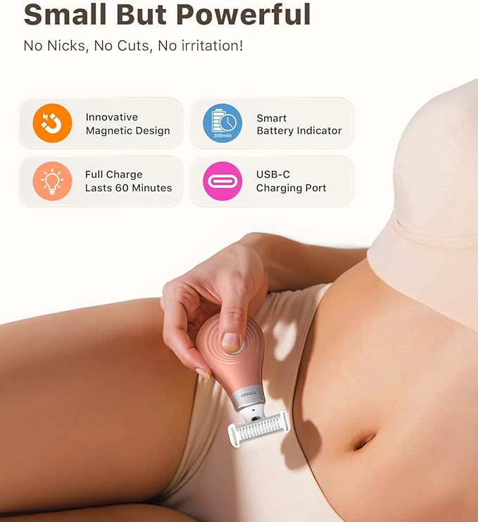 Mini Bikini Trimmer for Women - Intimate Pubic Hair Removal, Electric Body Groomer, Small Portable Wet/Dry Shaver, Magnetic Blade, USB-C Rechargeable with Travel Case, Easy to Clean (Gold)-Velvo Beauty