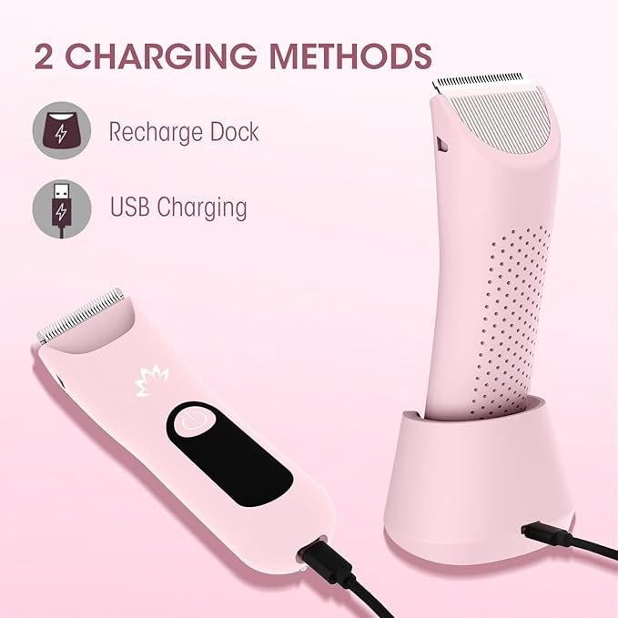 Lanumi Bikini Trimmer Women Rechargeable Body Hair Trimmer Electric Shaver Pubic Hair Grooming Kit with Charging Dock IPX7 Waterproof Wet/Dry Use (Pink)-Velvo Beauty