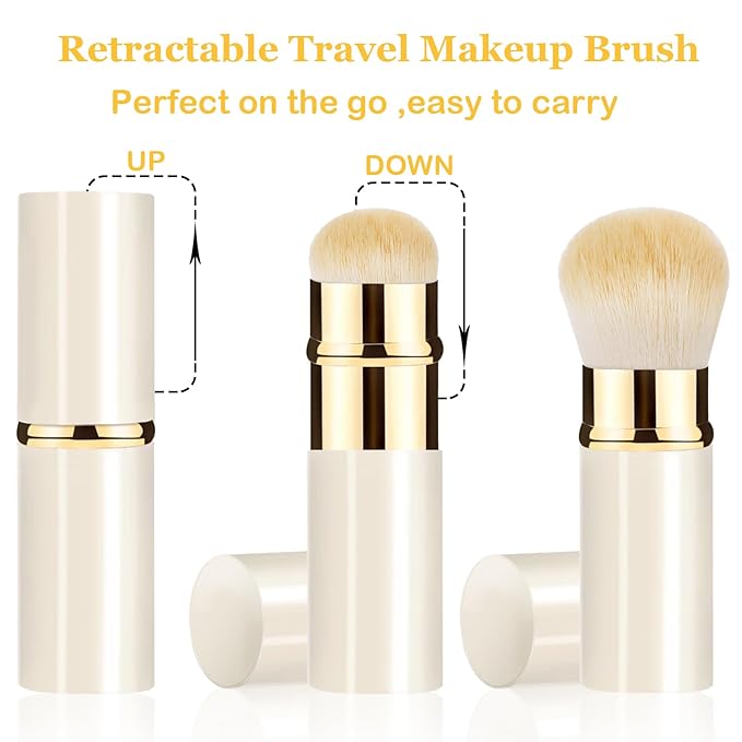 Makeup Brush, Retractable 2 Pack Travel Kabuki Powder Makeup Brush, Foundation Face Blush Brushes for Blending Liquid, Blush, Bronzer, Buffing, Sunscreen,Flawless Cosmetics-Velvo Beauty