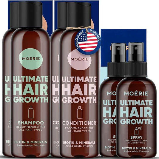 Moerie Mineral Shampoo and Conditioner Plus Hair Growth Spray Set – Ultimate Hair Care Pack – For Longer, Thicker, Fuller Hair - Volumizing Hair Care Products – Paraben & Silicone Free - Double Set-Velvo Beauty