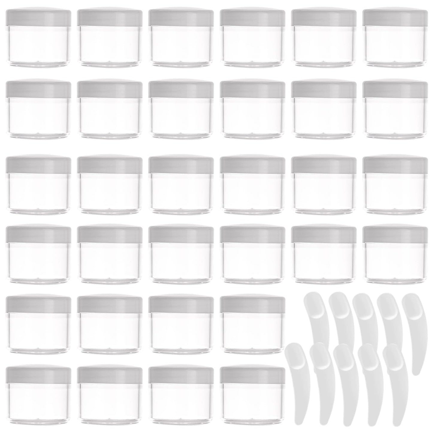 Refillable Cosmetic Sample Jars - 100 Pack 20g (0.7oz) White Small Travel Containers with Lids + 10 Mini Makeup Spatulas - BPA Free-Velvo Beauty