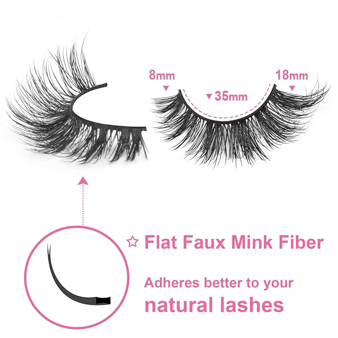 Mink Lashes False Eyelashes Natural Look Wispy Cat Eye Flat Lashes 3D Mink Lashes Natural Fake Lashes 18mm Strip Lashes Pack 7 Pairs-Velvo Beauty