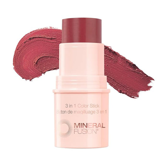Mineral Fusion 3-in-1 Color Stick, Instant Color Pop and Blush for Cheeks, Creamy Lightweight Formula, Multi-Use Eye, Face, and Lip Makeup, Berry Glow-Velvo Beauty