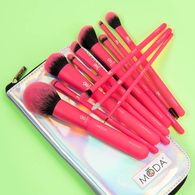 MODA Totally Electric Neon Full Face Makeup Brush Kit – 13pc Vibrant Brush Set for Face & Eyes with Zip Case (Neon Pink)-Velvo Beauty
