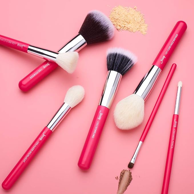 Jessup Brand 25pcs Professional Makeup Brush Set Beauty Cosmetic Foundation Powder Blusher Eye Shadow Blending Concealer Highlight Natural-Synthetic Hair Brushes Set (Rose Carmine/Silver)-Velvo Beauty