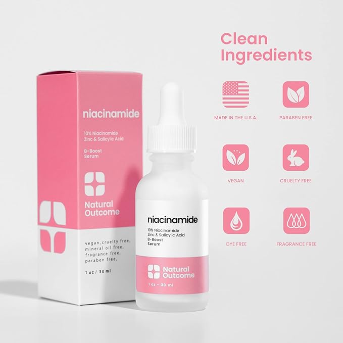 Niacinamide Serum for Face by Natural Outcome Skin Care, B-Boost Niacinamide 10% Plus Zinc 2% Salicylic Acid + Hyaluronic Acid, Acne Treatment + Pore Reducing Serum + Skin Balancing-Velvo Beauty