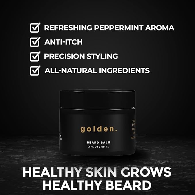 Golden Grooming Co. Beard Balm for Men - Strengthens & Softens Beards and Mustaches - Adds Shine & Tames Flyaway Hair, Beard Styling Balm with Argan Oil - Peppermint Scent - 2 Ounce-Velvo Beauty