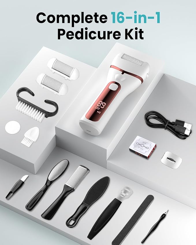 PUBOO Foot Callus Remover Electric 10000 RPM 3-Speed IPX7 Rechargeable Pedicure Kit for Hard Skin Women & Men. Portable Multi-Roller File Grinder Sander Scrubber with LED Display for Wet & Dry Feet-Velvo Beauty