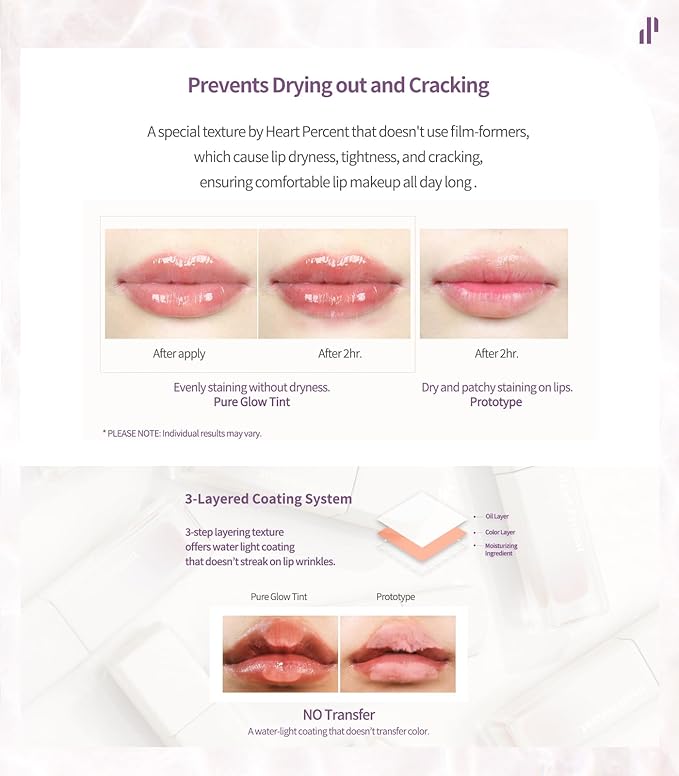 Heart Percent Dote On Mood Pure Glow Tint, Watery & Lightweight Moisturizing Lip Stain Long Lasting Liquid Lipstick 6.8g, #11. Just Coral-Velvo Beauty