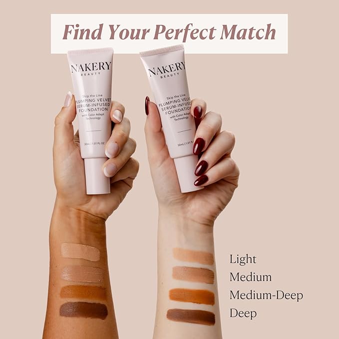 Nakery Full Coverage Foundation for Women - 5 in 1 Plumping Liquid Foundation Makeup - Serum Infused Makeup Foundation Smart Color Adapt with Niacinamide & Hyaluronic Acid for All Skin Types - Deep-Velvo Beauty