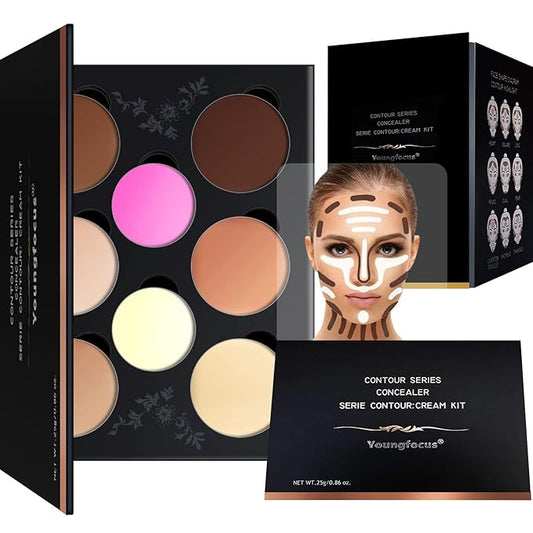 Youngfocus Cosmetics Cream Contour Best 8 Colors Contouring Foundation - Highlighting Makeup Kit/Concealer Palette - Vegan, Cruelty Free and Hypoallergenic - Instruction Manual(Deep Pink)-Velvo Beauty