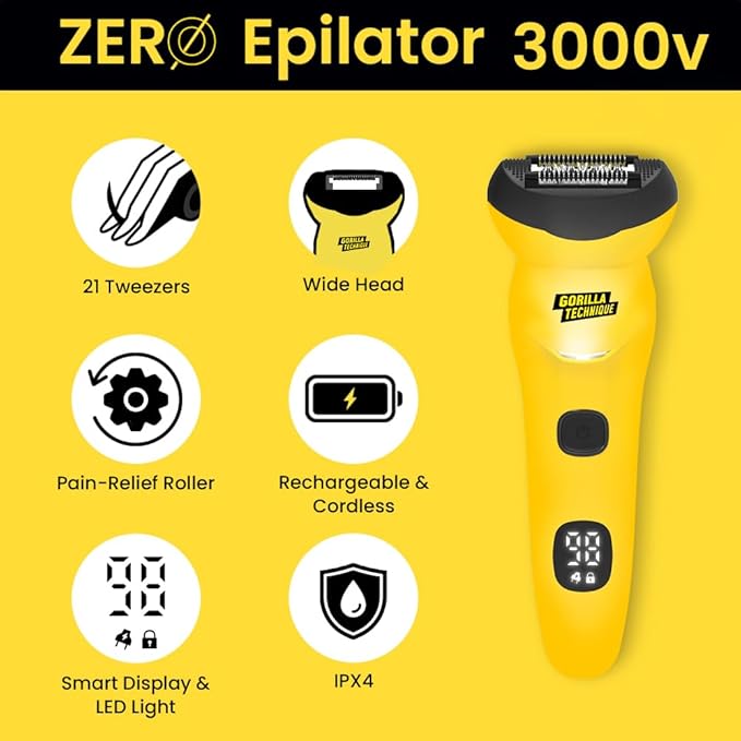 Gorilla Technique Epilator 3000V, Facial & Body Hair Removal Device, Pain Relief Roller, Cordless Rechargeable Electric Tweezers for Women & Men, Triple Tweezers, 8000RPM, Korean Skin Care - 3000V-Velvo Beauty