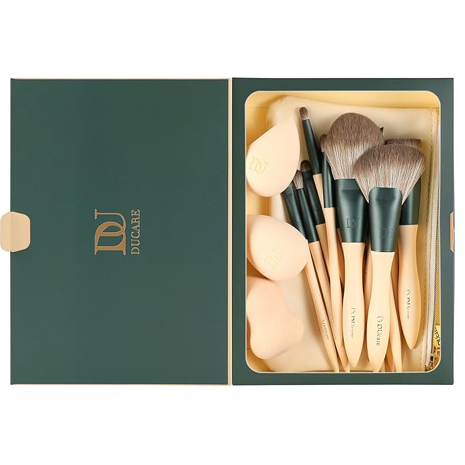 DUcare Makeup Brushes 14Pcs with 3Pcs Makeup Spong & Cosmetic Bag - Lime Mojito Series Makeup Brush Set for Foundation Blending Face Powder Blush Concealers Eye Shadows-Velvo Beauty