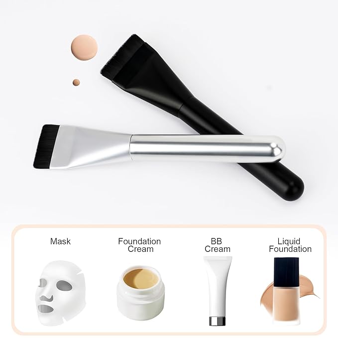 2Pcs Flat Foundation Brush,Face Mask Brush Makeup Spatula Facial Brush for Liquid Foundation Mask,Premium Face Korean Makeup Brush for Blending Cream (Black&Silver)-Velvo Beauty