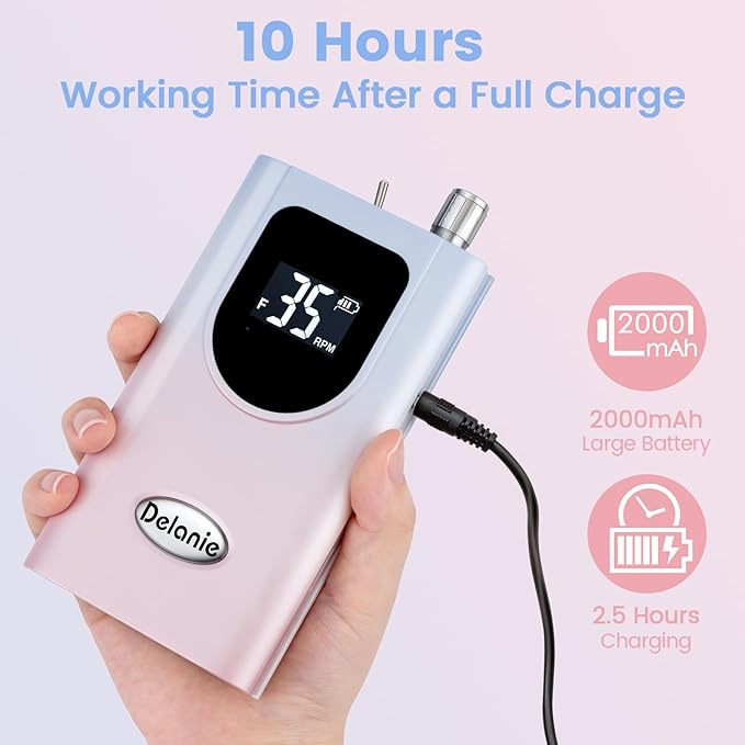 Delanie Professional Nail Drill High Torque 35000 RPM Rechargeable Portable Electric Nail File Filer for Acrylic Gel with Cuticle Bits, Salon Manicure Tool, Gradient Pink-Velvo Beauty