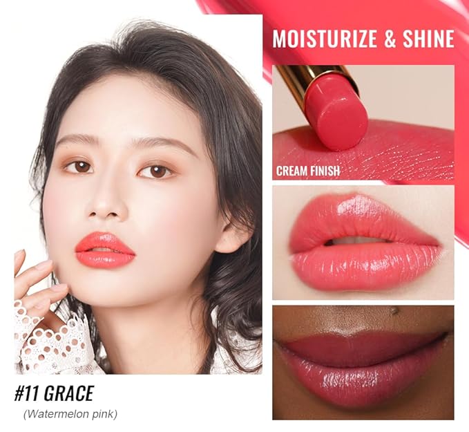 Oulac Watermelon Pink Lipstick - Moisturizing Lip Stick Glossy Tinted Lip Balm, Sheer Shine Juicy Finish, Lightweight and Hydrating Formula for Dry Lip Care, Vegan 2.2g/0.07oz (11)-Velvo Beauty