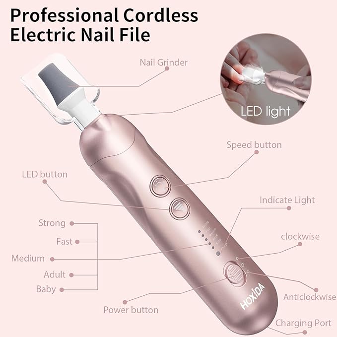 Manicure Pedicure Kit with Case, Professional Nail Grinder for Senior Thick Toenail, Cordless Electric Nail File, 5 Speeds Pedicure Tools for feet Callus Remover, Nail Drill for Women Hand Feet Care-Velvo Beauty