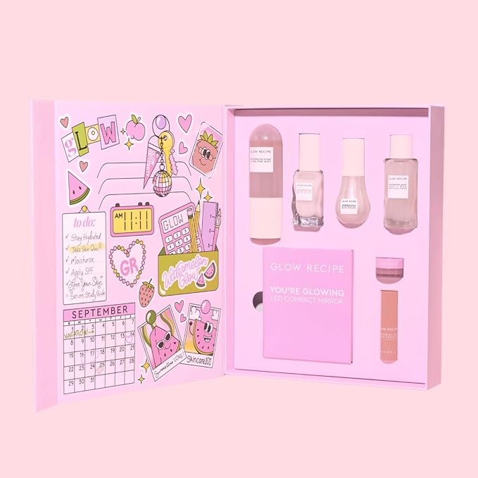Glow Recipe Back to School Essentials Korean Skin Care Set - Watermelon Fine Mist, Dew Drops, PHA Facial Toner, Pink Juice Moisturizer, Strawberry Blur Drops, Glossy Balm & Compact Mirror (7 Count)-Velvo Beauty