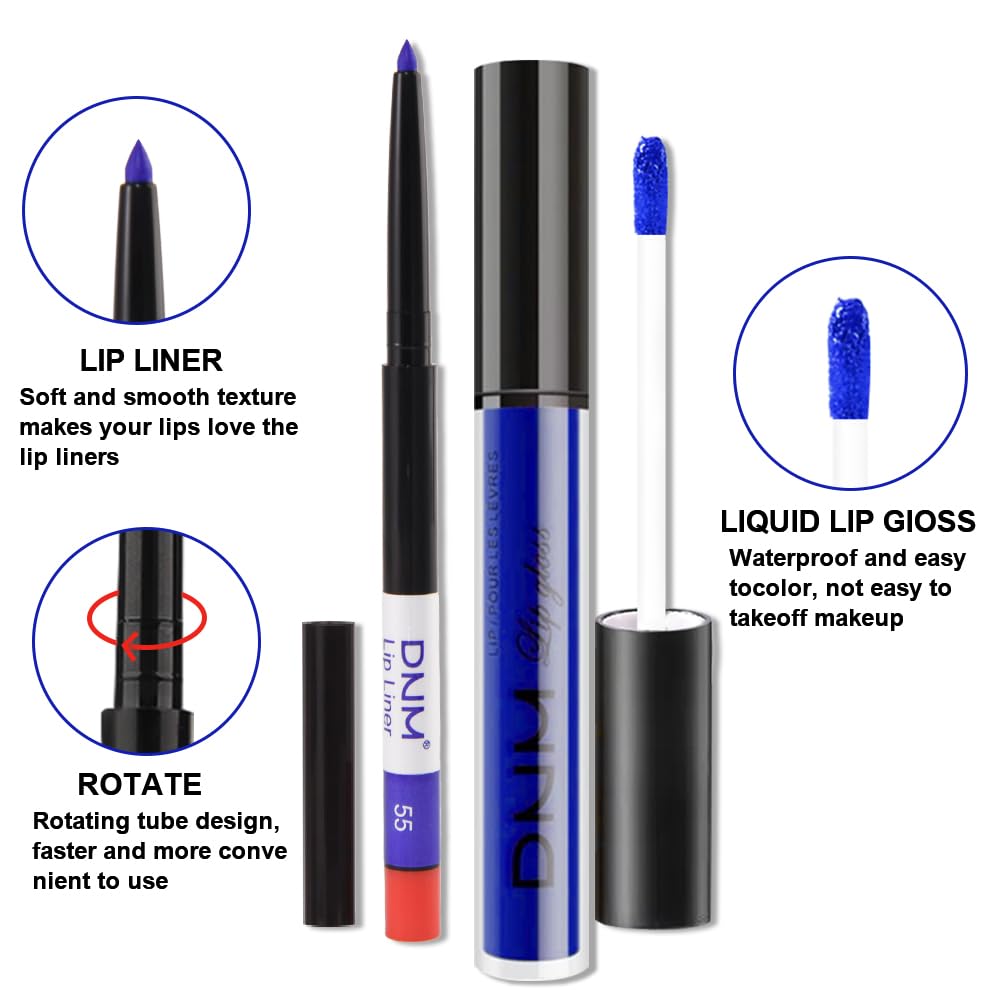 evpct 2Pcs Dark Royal Blue Matte Liquid Lipstick Lip Gloss Stain and Retractable Lip Liner Makeup Set for Women Long Lasting Waterproof 24 Hours Lipstick labial mate larga duracion 24 55#-Velvo Beauty