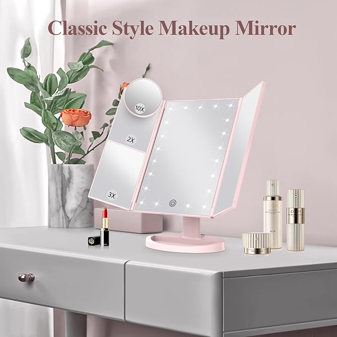 HUONUL Makeup Mirror Vanity with Lights, 2X 3X 10X Magnification, Lighted Mirror, Touch Control, Trifold Dual Power Supply, Portable LED Women Gift (Pink)-Velvo Beauty