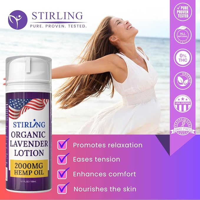 STIRLING Lavender Lotion β Organic Lavender with 2000mg Hemp Oil, Aloe Vera, and Vitamin E β Nourishing and Moisturizing Body Lotion for a Soft and Smooth Feel-Velvo Beauty