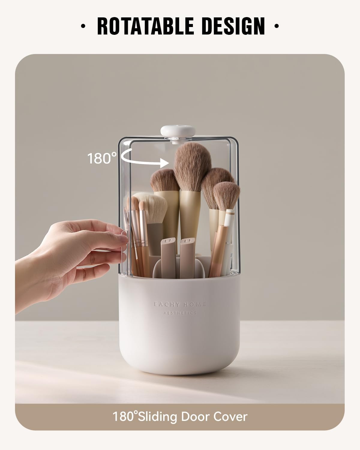 EACHY Makeup Brush Holder 360° Rotating with Dustproof Lid, Waterproof Material, 7 Compartments for Organized Storage, Stylish and Durable Design for Vanity (White)-Velvo Beauty